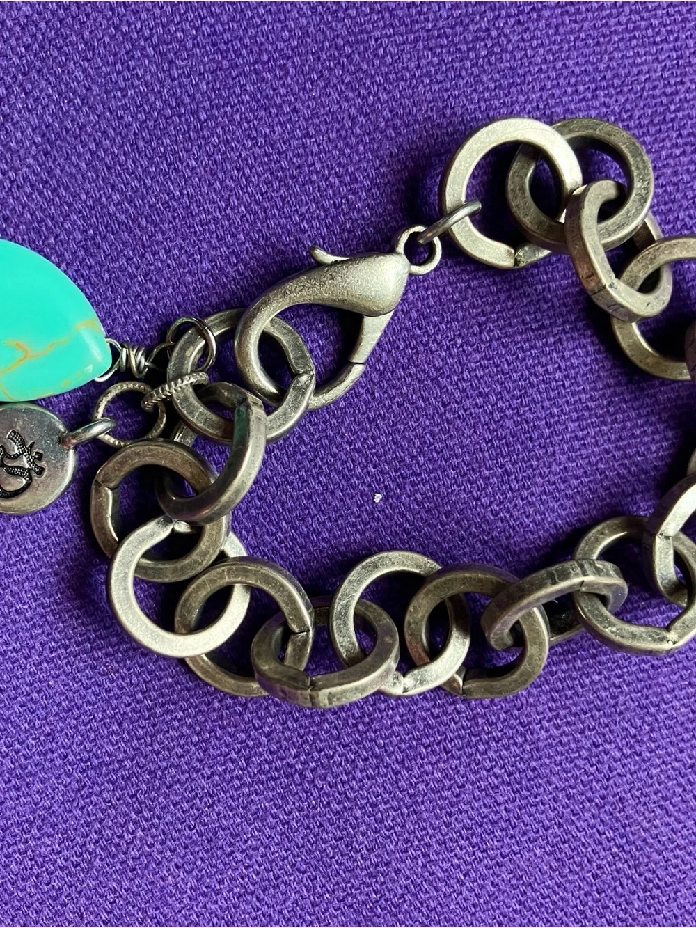 Silver-Tone Linked Charm Bracelet with Turquoise Accent